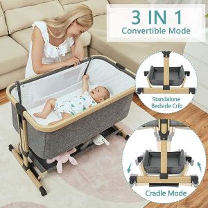 AMKE 3 in 1 Baby Bassinets,Bedside Sleeper for Baby,Baby Cradle with Storage Basket